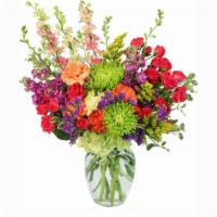 Colorful Blooms Flower Arrangement · Send an arrangement as colorful and vibrant as them! With purple stock, green Fuji mums, ora...
