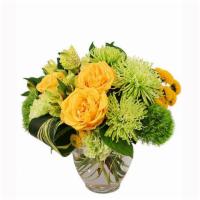 Lush Lemon Roses Flower Arrangement · This luscious arrangement will be a delight for anyone! With sunny roses, divine green carna...