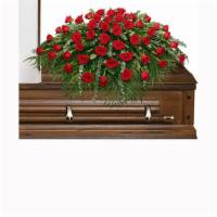 Majestic Red Casket Spray Of Funeral Flowers · Includes:
Casket saddle with wet floral foam. Foliage: eucalyptus, leather leaf, teepee, red...