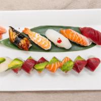 Rainbow Maki · California maki topped with salmon, tuna and avocado.