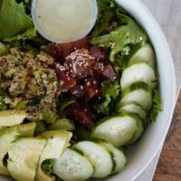 Dragonfly Poke Bowl · Little leaf lettuce, teriyaki ahi tuna, quinoa, garbanzo, kale, edamame, avocado, cucumber, ...
