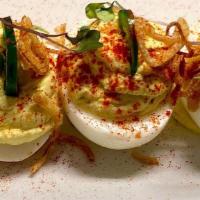 Deviled Eggs · crispy shallots, jalapeno