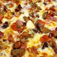 Large All Meat Pizza · Pepperoni, sausage, hamburger, salami, ham, bacon, meatball.