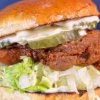 The Original Chicken · Buttermilk fried chicken, shredded lettuce, pickles, and smoked dukes mayo.