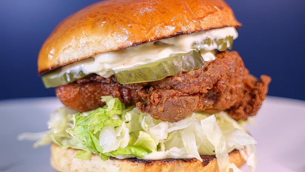 The Original Chicken · Buttermilk fried chicken, shredded lettuce, pickles, and smoked dukes mayo.