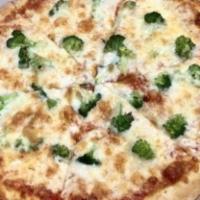 The Alfredo Pizza (Large) · Grilled chicken and broccoli with Alfredo creamy sauce and mozzarella cheese.