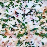 Bianco Pizza (Medium) · Spinach, tomatoes, garlic, feta cheese, mozzarella cheese (no pizza sauce).
