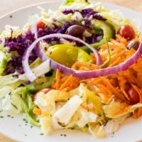 Garden Salad · Lettuce, tomatoes, cucumber, green peppers, onions, carrots, red cabbage olive and pepperonc...