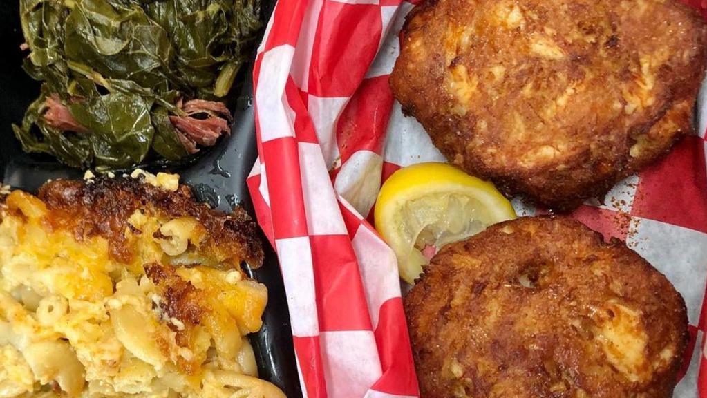 Crab Cake Platter - 2 Crab Cakes And 2 Sides · 2 pieces jumbo lump Maryland crab cakes with 2 regular sides (your choice). Served with choice of bread and drink.
mandatory DC bag Charge included