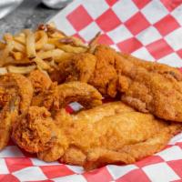 Hen And Fin Combo - 3 Wings, 2 Pc Fish, Fries, Fountain Drink · 3 Pc Crispy Whole Chicken Wings, 2 Pc Fried Fish (Whiting or Trout), Hand Cut French Fries &...