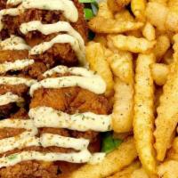 Shrimp Po' Boy And Fries · 8 pieces crispy fried shrimp, topped with lettuce and tomato, signature sauce! & hand cut fr...