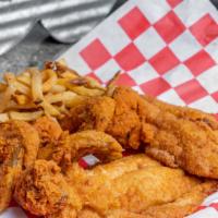 Hen And Fin Combo - 3 Wings, 2 Pc Fish, Fries & Fountain Drink · 3 Pc Crispy Whole Chicken Wings, 2 Pc Fried Fish (Whiting or Trout), Hand Cut French Fries &...