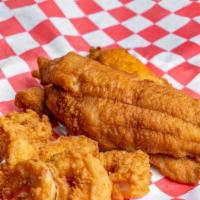 Big Fin - 2 Pcs Fish, 6 Shrimp · 2 Pc Fried Fish (Whiting or Trout) & 6 Pc Crispy Fried Shrimp mandatory DC bag Charge included