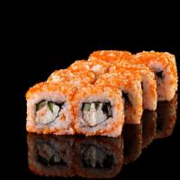 Spider Web Roll · Two soft shell crab, cucumber and avocado inside topped with spicy tuna.