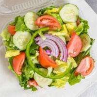 Garden Salad · Mixed lettuce, green pepper, tomato wedges, red onion, cucumbers, Kalamata olives, banana pe...