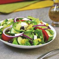 Greek Salad · Mixed lettuce, green pepper, tomato wedges, red onion, cucumbers, kalamata olives, pepperonc...