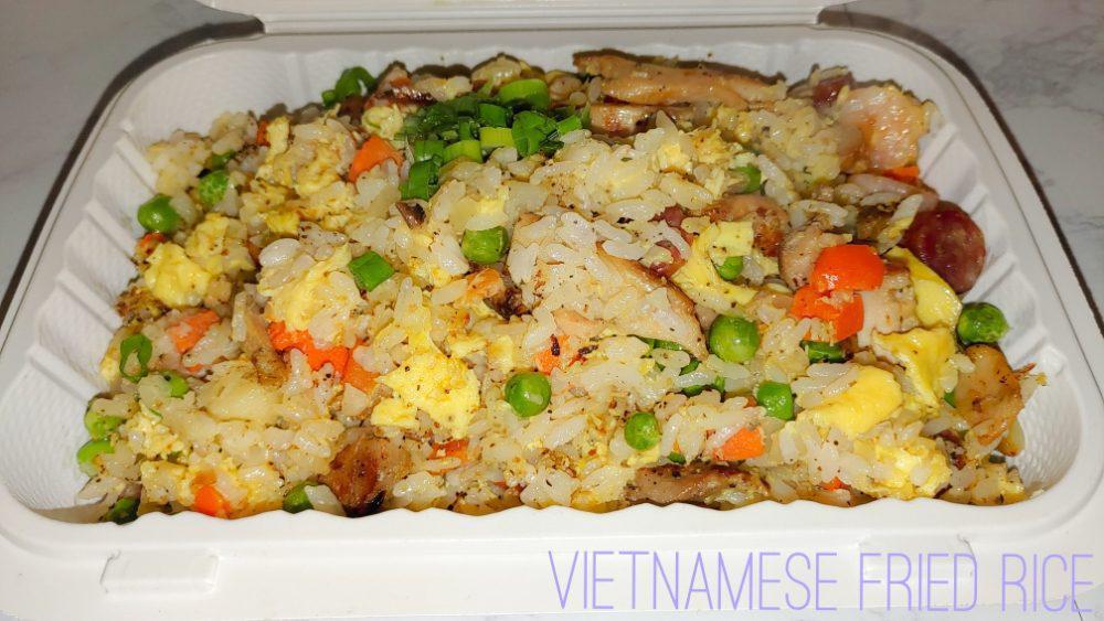 Vietnamese Fried Rice · chicken, baby shrimp, Vietnamese sausage, egg, pea, carrot, onion, onion, scallion, cracked pepper.