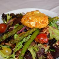 Fried Goat Cheese · spring mix, candied pecans, dried cherries, tomato, red onion, asparagus, fried goat cheese ...
