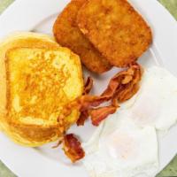 Combo #1 · 1 pancake, 1 french toast 2* eggs, choice of meat. * all eggs and beef are cooked to order. ...