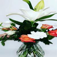Assorted Lily Flower Vase Bouquet · (roses, alstroemerias, lilies, carnations, hydrangeas, foliage, fillers, greens, assorted fl...