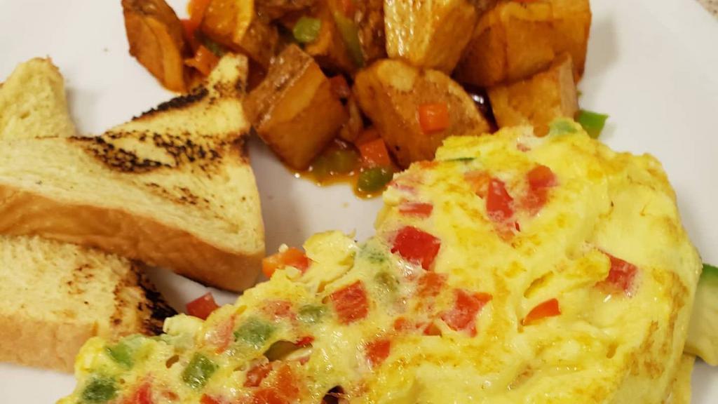 Omelet Vegetariano · Avocado, two-color peppers, cheese, white toast, your choose home fries or hash brown