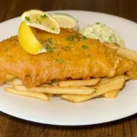 Fish & Chips · crisp haddock, lightly beer battered & served with our
signature tartar sauce & house made s...