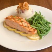 Grilled Atlantic Salmon · with garlic herb butter, fresh dill & sliced lemon;
served with mashed potatoes & seasonal v...