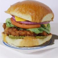 The Cluck Deluxe · brioche bun, famous crispy chicken / . lettuce, tomato, red onion, american chz, dill pickle...