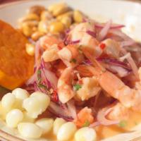 Ceviche Mixto · Gluten-free. Corvina fish, shrimp, octopus, and calamari.
