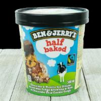 Ben & Jerry'S Half Baked Pint · A delectable dance of Chocolate Chip Cookie Dough and Chocolate Fudge Brownie. Vanilla ice c...