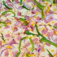 Gaby'S Corn Pizza · Corn, red onions, green bell peppers, ham.