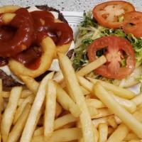 Texas Burger · Onions rings, Bbq sauce, lettuce, tomatoes, and fries.