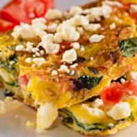Greek Omelette · SPINACH, FETA CHEESE, AND TOMATOES. SERVED WITH YOUR CHOICE TOAST, LONG ROLL, OR WRAP.