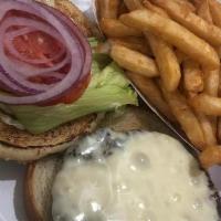 Cheese Burger · BURGER TOPPED WITH AMERICAN CHEESE, LETTUCE, TOMATO, & ONION.