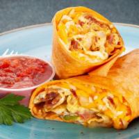 Breakfast Burrito · Scrambled eggs, Monterey jack cheese, bacon, sautéed onions, and peppers, in a flour tortill...