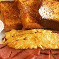 #2 Special - French Toast, Sausage & Bacon · French Toast, two pieces of sausage, and two bacon strips