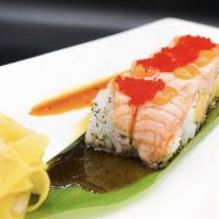 Angry Bird · Spicy scallop and avocado roll with seared pepper salmon and tobiko on top yuzu miso and che...