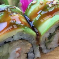 Dragon Eel Maki Roll · Tempura shrimp, cucumber, topped with eel, avocado and masago.