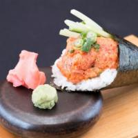 Spicy Tuna Hand Roll · Spicy. Chopped tuna, cucumber, spicy mayo, masago and scallion, topped with tuna.