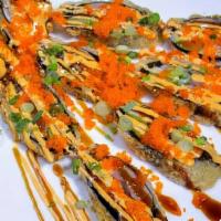 Peacock Maki Roll · Tuna, salmon, white fish, asparagus tempura, no rice, tempura encrusted, topped with scallio...