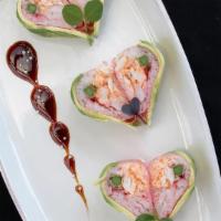 Ocean’S Heart Maki Roll · Spicy Alaskan king crab, asparagus tempura and steamed shrimp, wrapped in soy, topped with a...