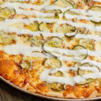 Pickle Pizza · A white pizza with sliced dill pickles, cheese & ranch dressing.