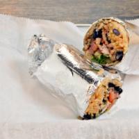 Chipotle Chicken Burrito · Shredded chicken breast marinated with chipotle peppers, Spanish rice, black beans, Jack che...