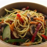Lo Mein Noodle Salad · Vegetarian.  Lo Mein noodles, diced green and red peppers. snow peas, sliced carrots, sautee...
