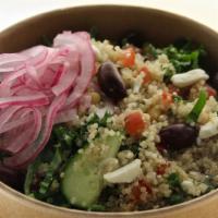 Kale Shawarma · Vegetarian. Gluten Friendly.  Kale, spiced quinoa, chickpeas, cucumber, tomato, olives, mint...