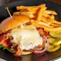 Shemp Burger · Grilled angus burger with American cheese, crisp bacon, lettuce, plum tomato, and red onion ...