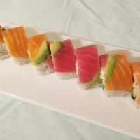 Rainbow (1) · Raw. In: crab meat, cucumber, out: tuna, salmon, avocado, sauce: none.

Consuming raw or und...