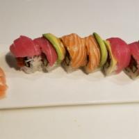 Rainbow (2) · Raw, spicy. In: spicy tuna, cucumber, out: tuna, salmon,  sauce: none.

Consuming raw or und...