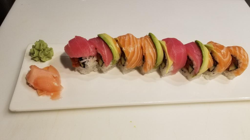 Rainbow (2) · Raw, spicy. In: spicy tuna, cucumber, out: tuna, salmon,  sauce: none.

Consuming raw or undercooked meats, seafood, poultry or eggs may increase your risk of foodborne illness, especially if you have medical conditions.