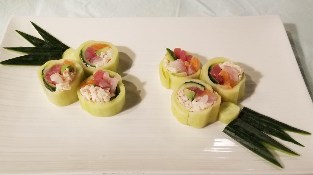 N.Y. Naruto · Raw. No seaweed, no rice. In: tuna, salmon, red snapper, crab meat, avocado, out: cucumber, sauce: ponzu.

Consuming raw or undercooked meats, seafood, poultry or eggs may increase your risk of foodborne illness, especially if you have medical conditions.